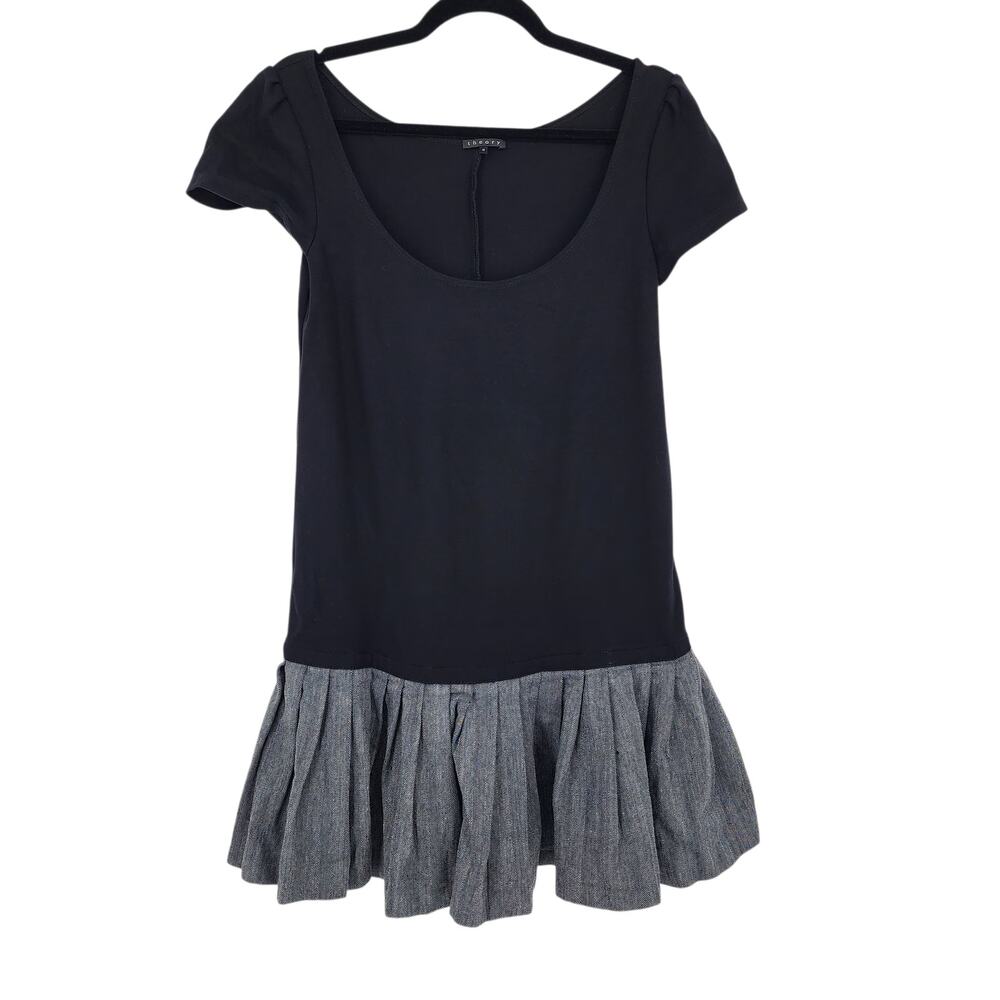 Theory Black & Gray Herringbone Pleated Drop Waist Mini Shift Dress Size Medium